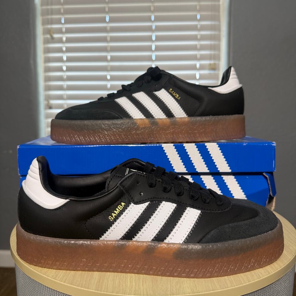 Adidas Womens Sambae Shoes, Core Black / Cloud White / Gold Metallic, 7.5
